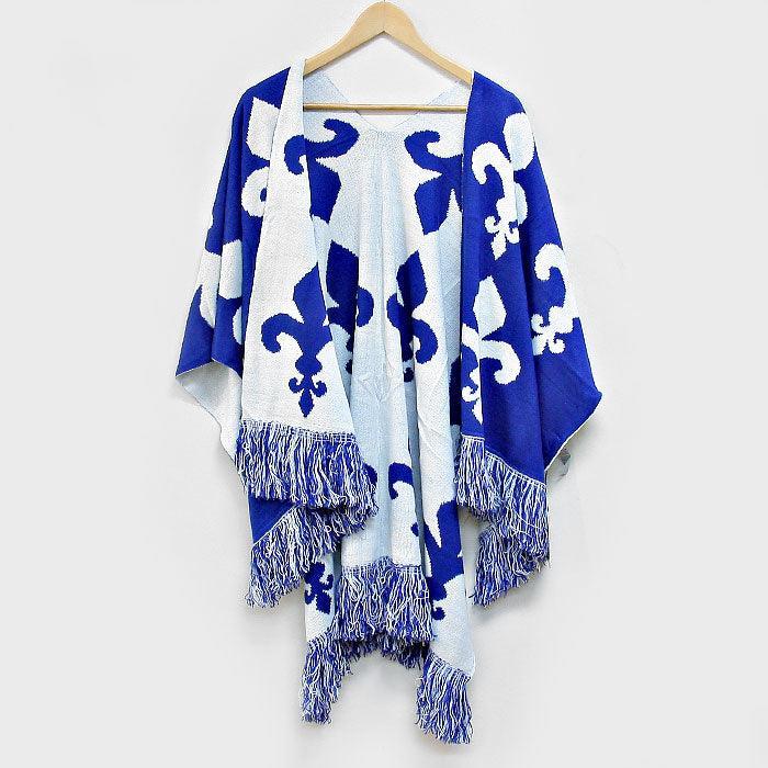 Blue Fleur de Lis Pattern Fringe Shawl - Jewelry Store by Erik Rayo