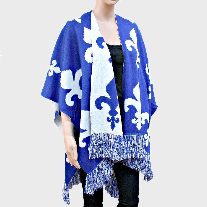 Blue Fleur de Lis Pattern Fringe Shawl - Jewelry Store by Erik Rayo