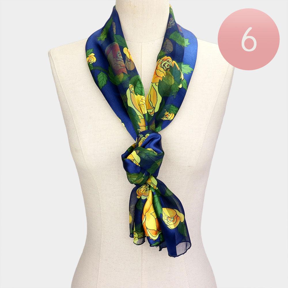 Navy 6PCS - Silk Feel Striped Flower Pattern Print Satin Scarf