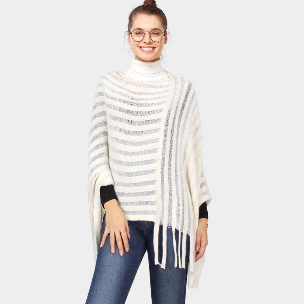 Ivory Stripe Textured Knit Poncho - Jewelry Store by Erik Rayo
