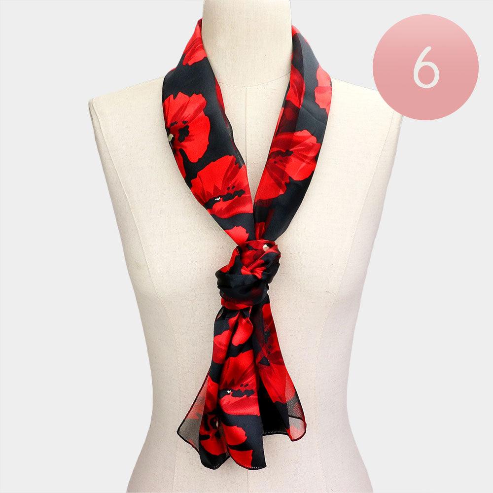 Black 6PCS - Silk Feel Striped Flower Pattern Print Satin Scarf