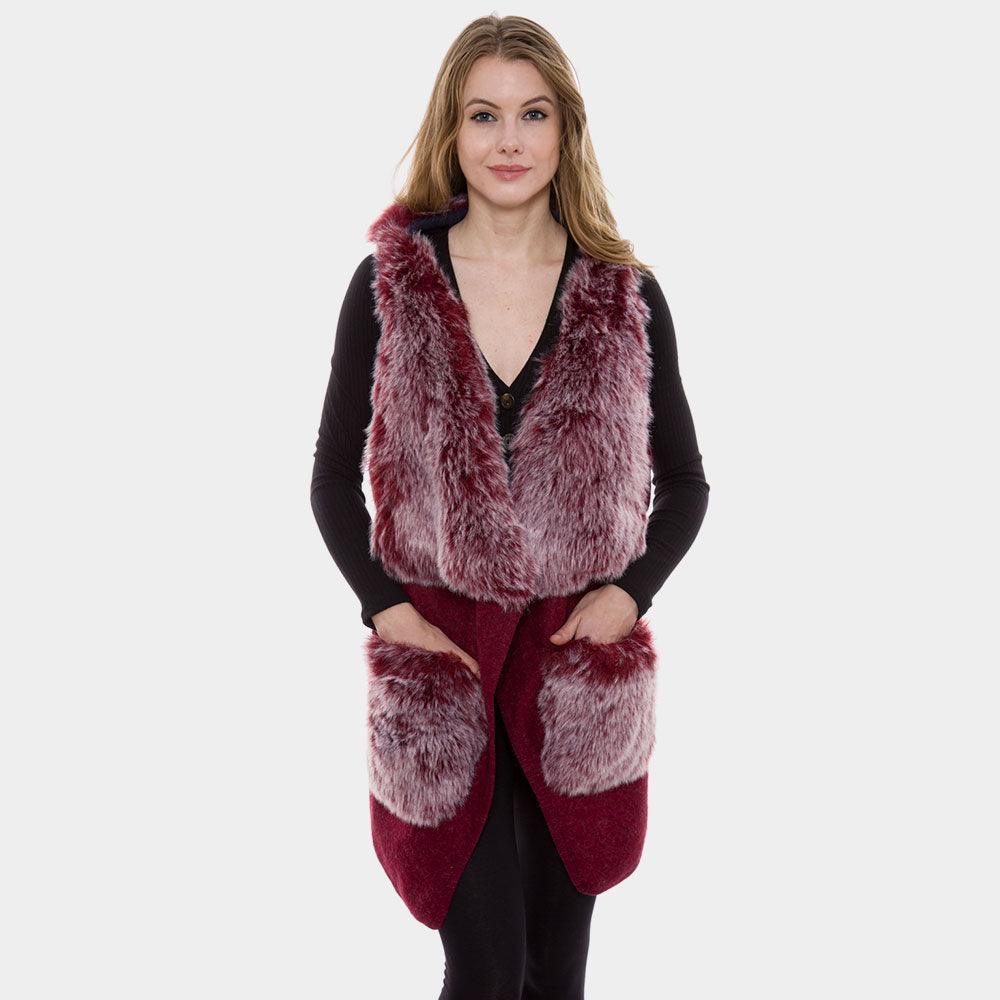 Navy Solid Color Faux Fur Trim Detail Vest