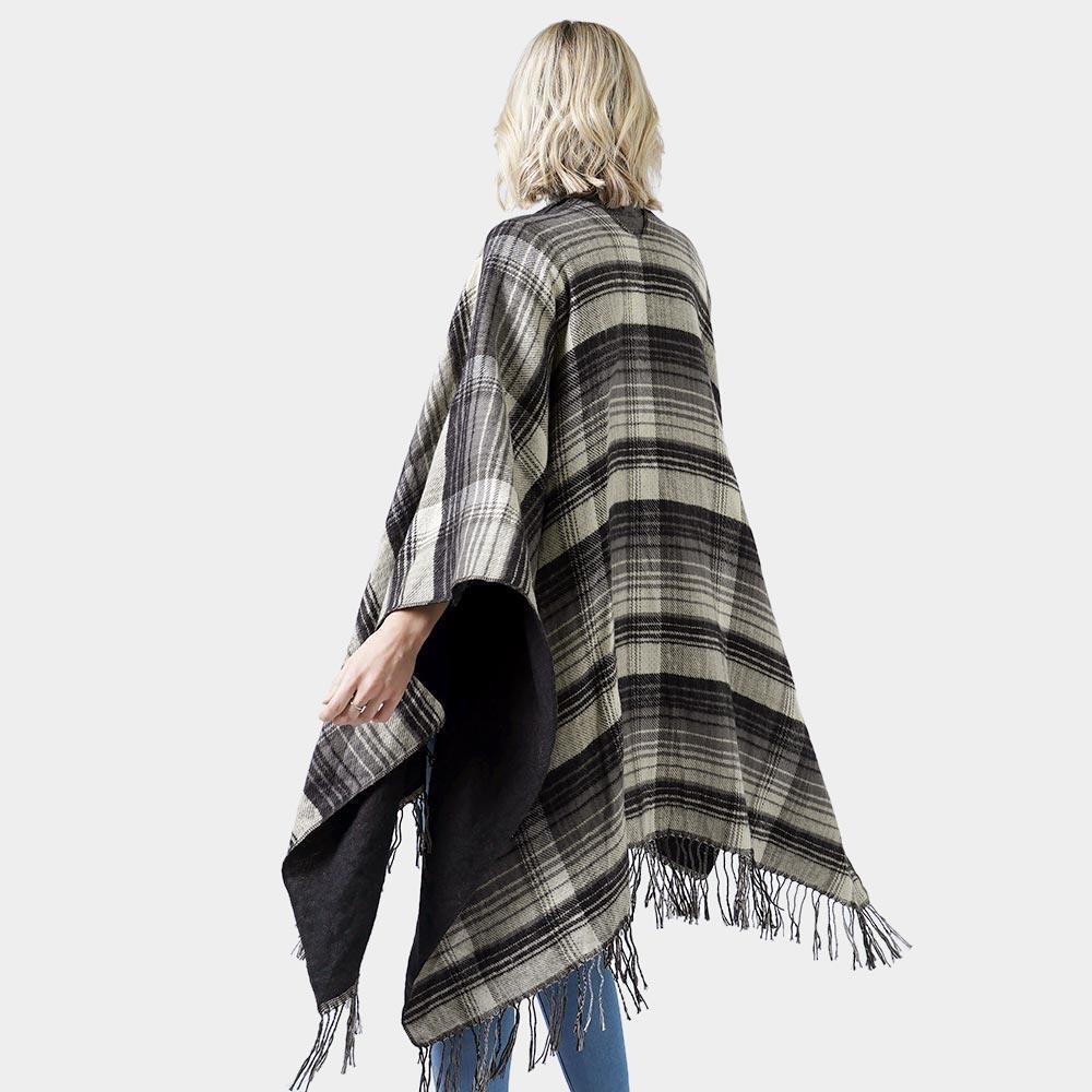 Black Reversible Plaid Check Patterned Tassel Cape Poncho - Jewelry Store by Erik Rayo