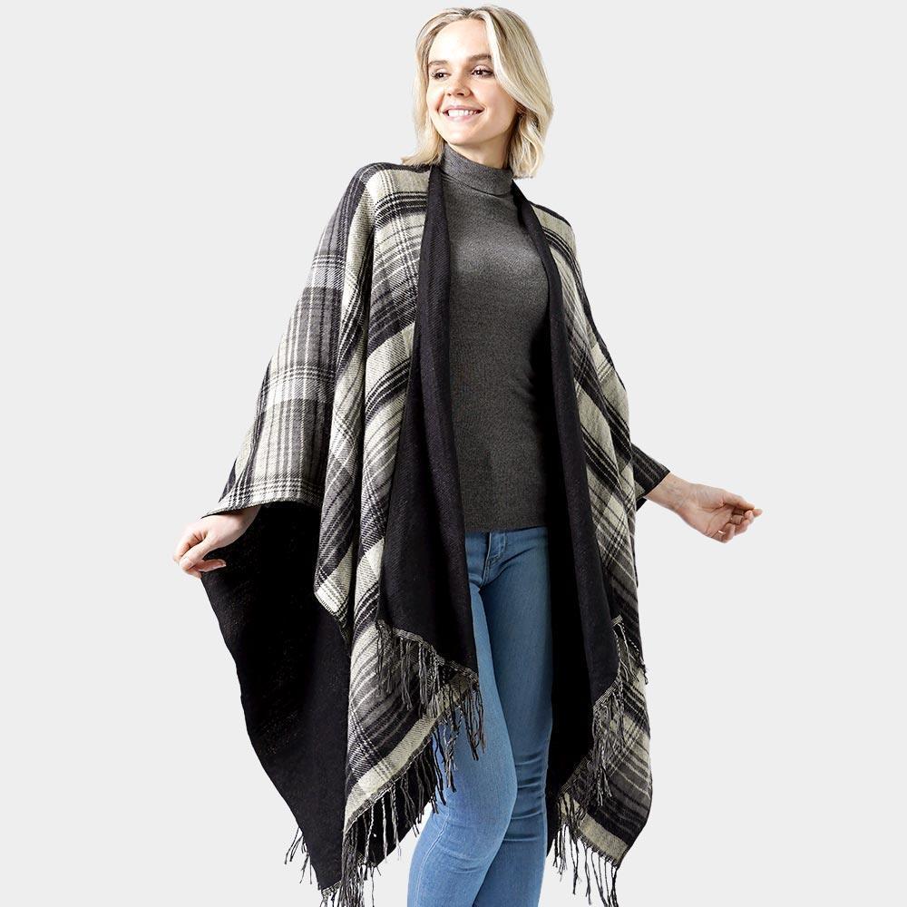 Black Reversible Plaid Check Patterned Tassel Cape Poncho - Jewelry Store by Erik Rayo