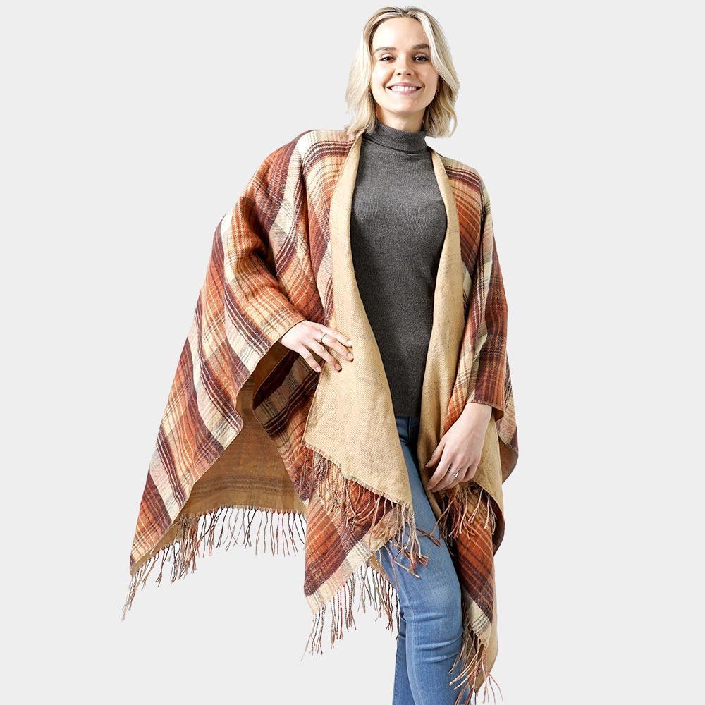 Camel Reversible Plaid Check Patterned Tassel Cape Poncho - Jewelry Store by Erik Rayo