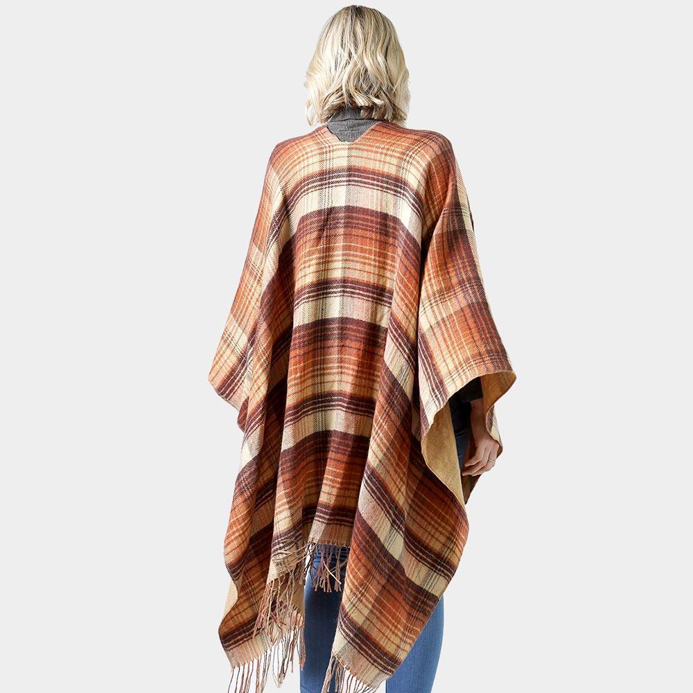 Camel Reversible Plaid Check Patterned Tassel Cape Poncho - Jewelry Store by Erik Rayo