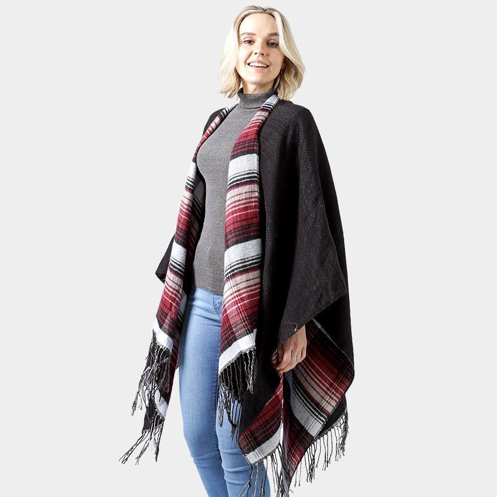 Red Reversible Plaid Check Patterned Tassel Cape Poncho - Jewelry Store by Erik Rayo
