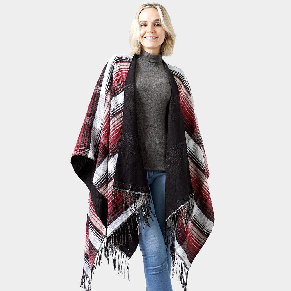 Red Reversible Plaid Check Patterned Tassel Cape Poncho - Jewelry Store by Erik Rayo