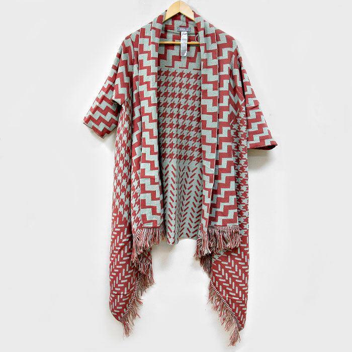 Burgundy Draped Chevron Pattern Half Sleeve Knit Cardigan with Fringe - Jewelry Store by Erik Rayo