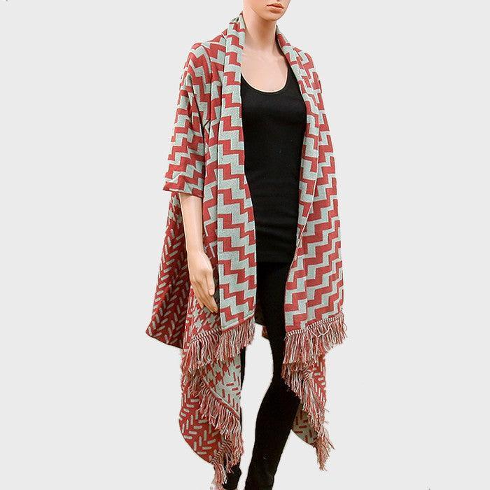 Burgundy Draped Chevron Pattern Half Sleeve Knit Cardigan with Fringe - Jewelry Store by Erik Rayo