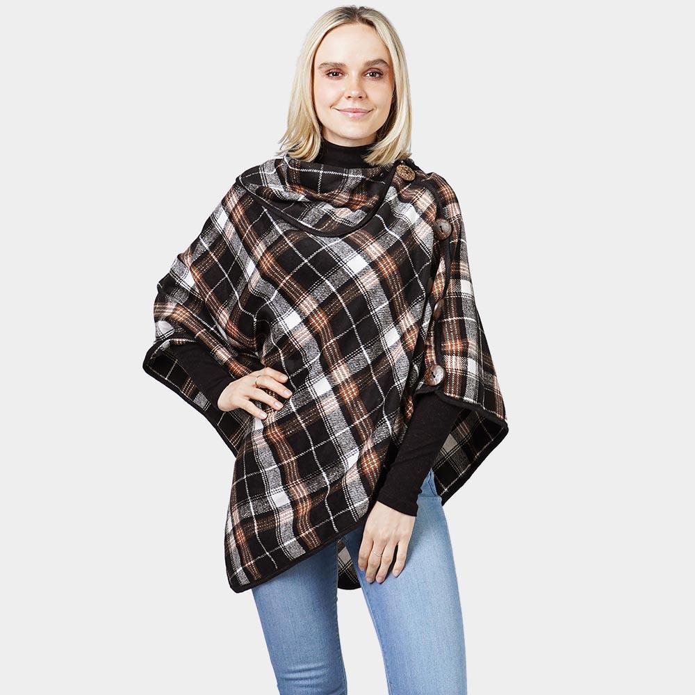 Black Plaid Check Patterned Coconut Button Poncho - Jewelry Store by Erik Rayo