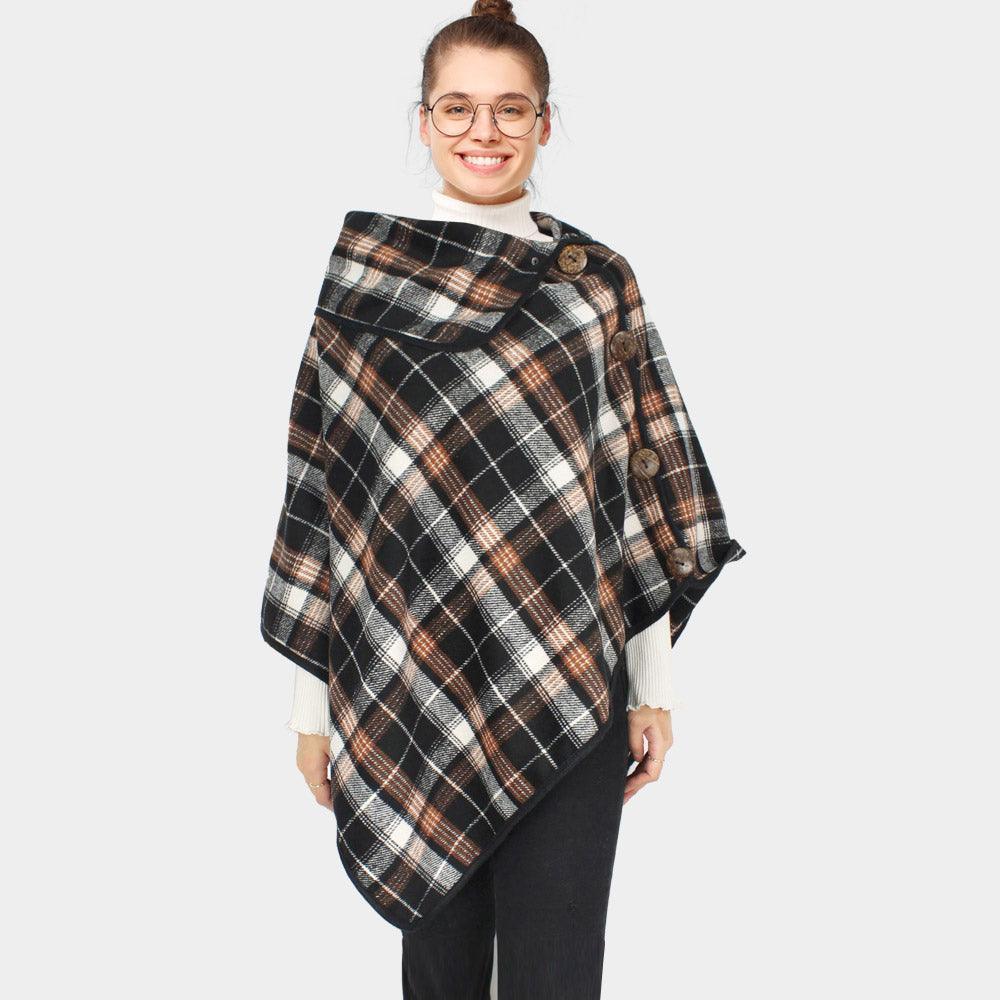 Black Plaid Check Patterned Coconut Button Poncho - Jewelry Store by Erik Rayo