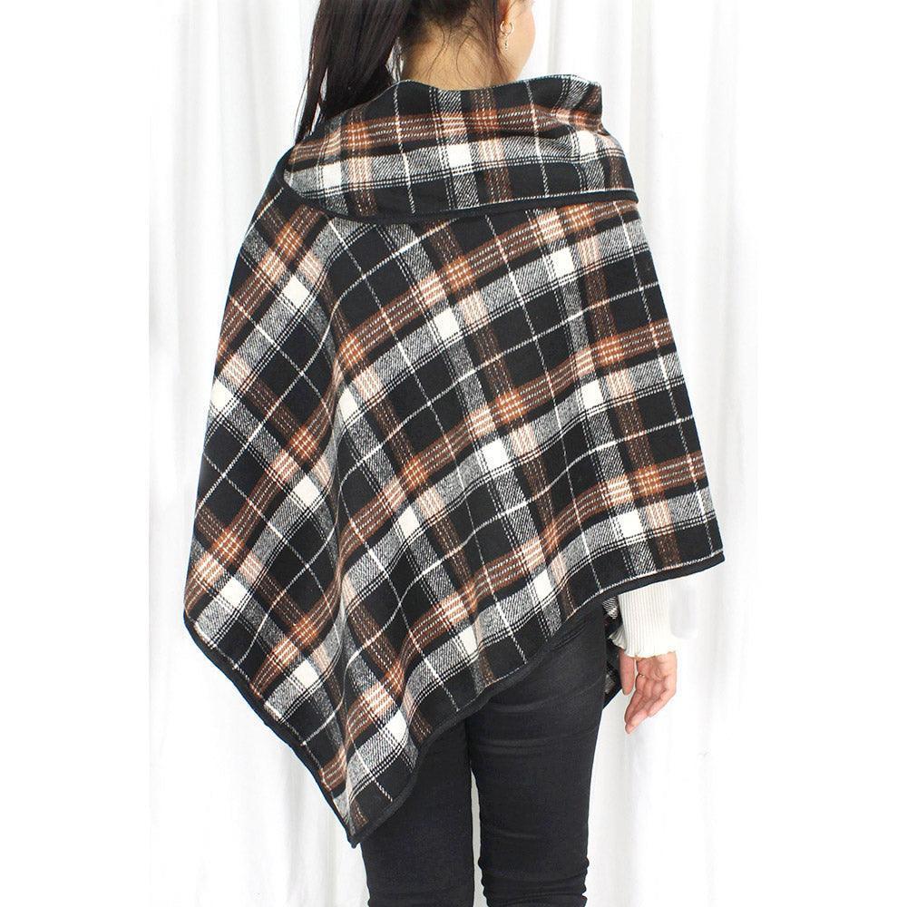 Black Plaid Check Patterned Coconut Button Poncho - Jewelry Store by Erik Rayo