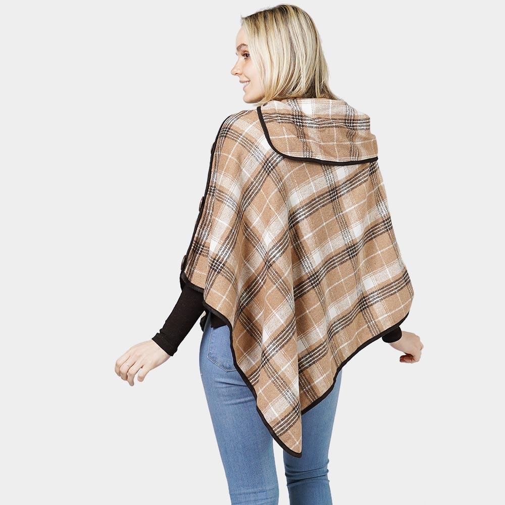 Taupe Plaid Check Patterned Coconut Button Poncho - Jewelry Store by Erik Rayo