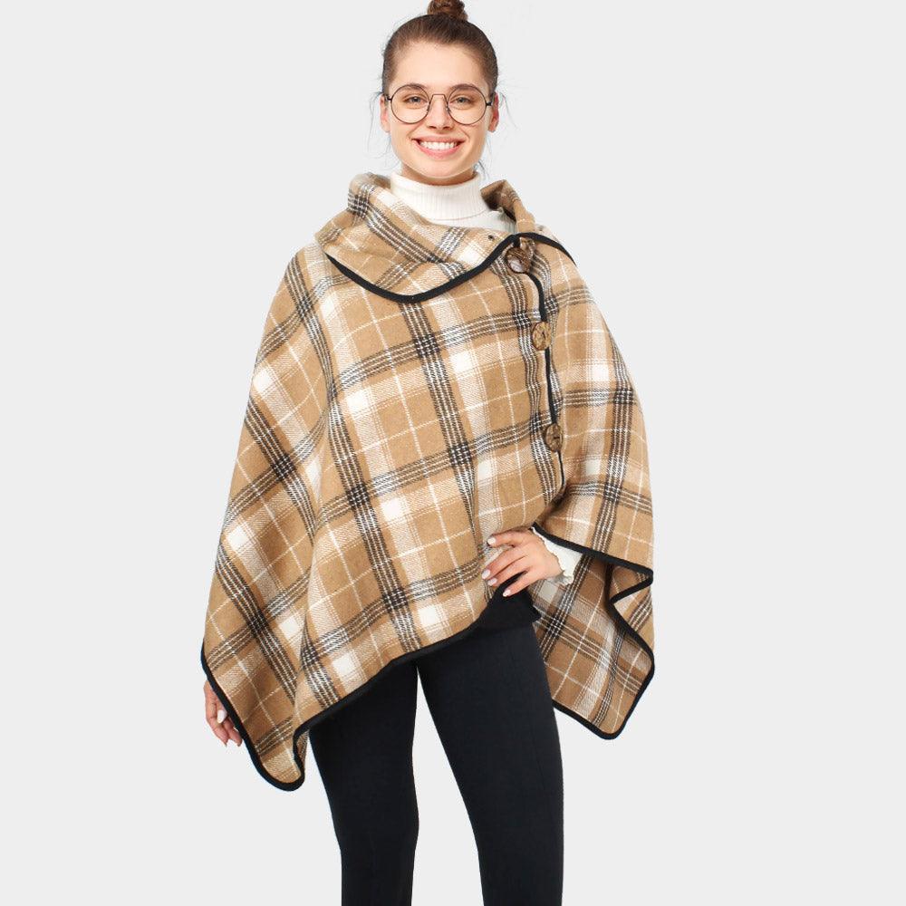 Taupe Plaid Check Patterned Coconut Button Poncho - Jewelry Store by Erik Rayo