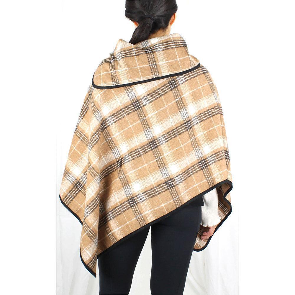 Taupe Plaid Check Patterned Coconut Button Poncho - Jewelry Store by Erik Rayo