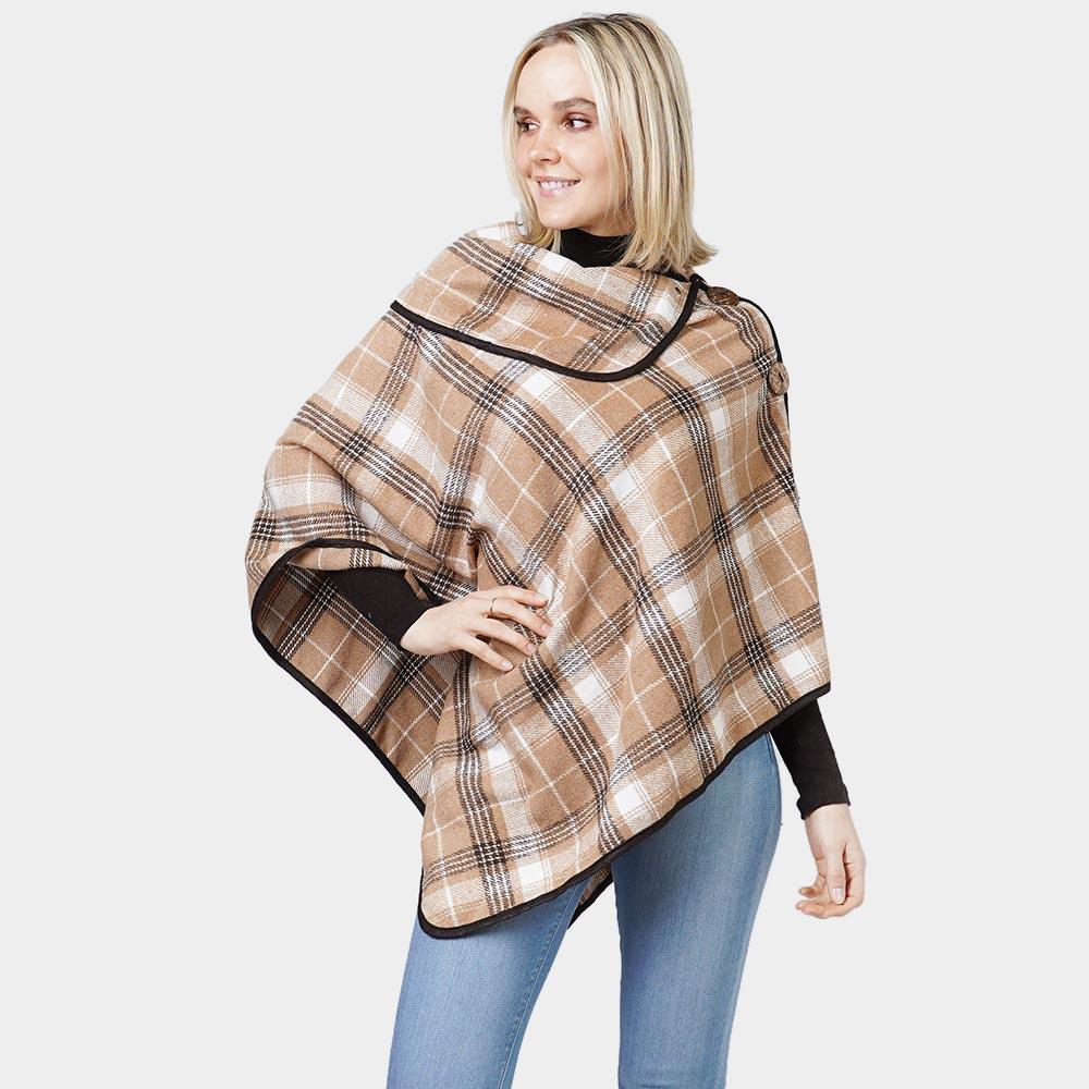 Taupe Plaid Check Patterned Coconut Button Poncho - Jewelry Store by Erik Rayo