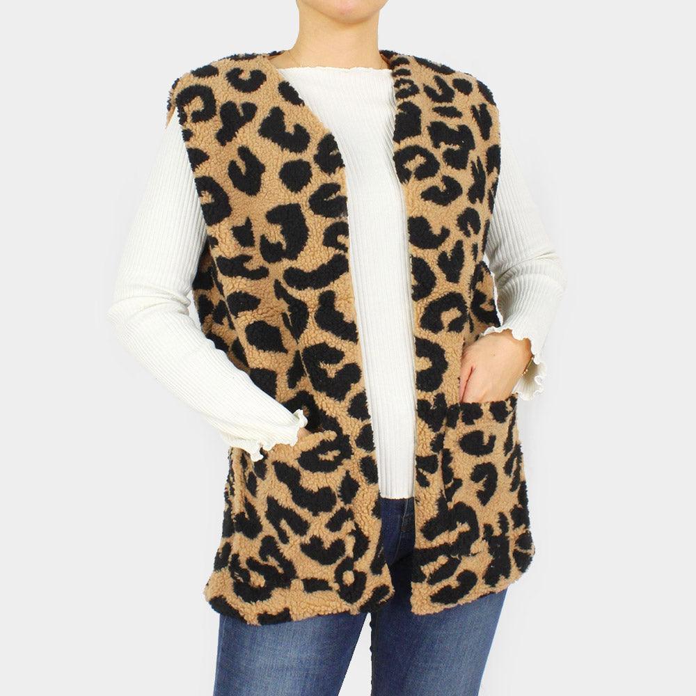 Taupe Leopard Patterned Sherpa Pocket Vest - Jewelry Store by Erik Rayo