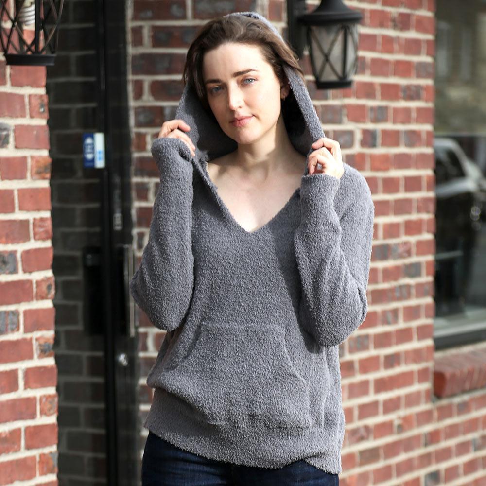 Gray Solid Pocket Hoodie Top