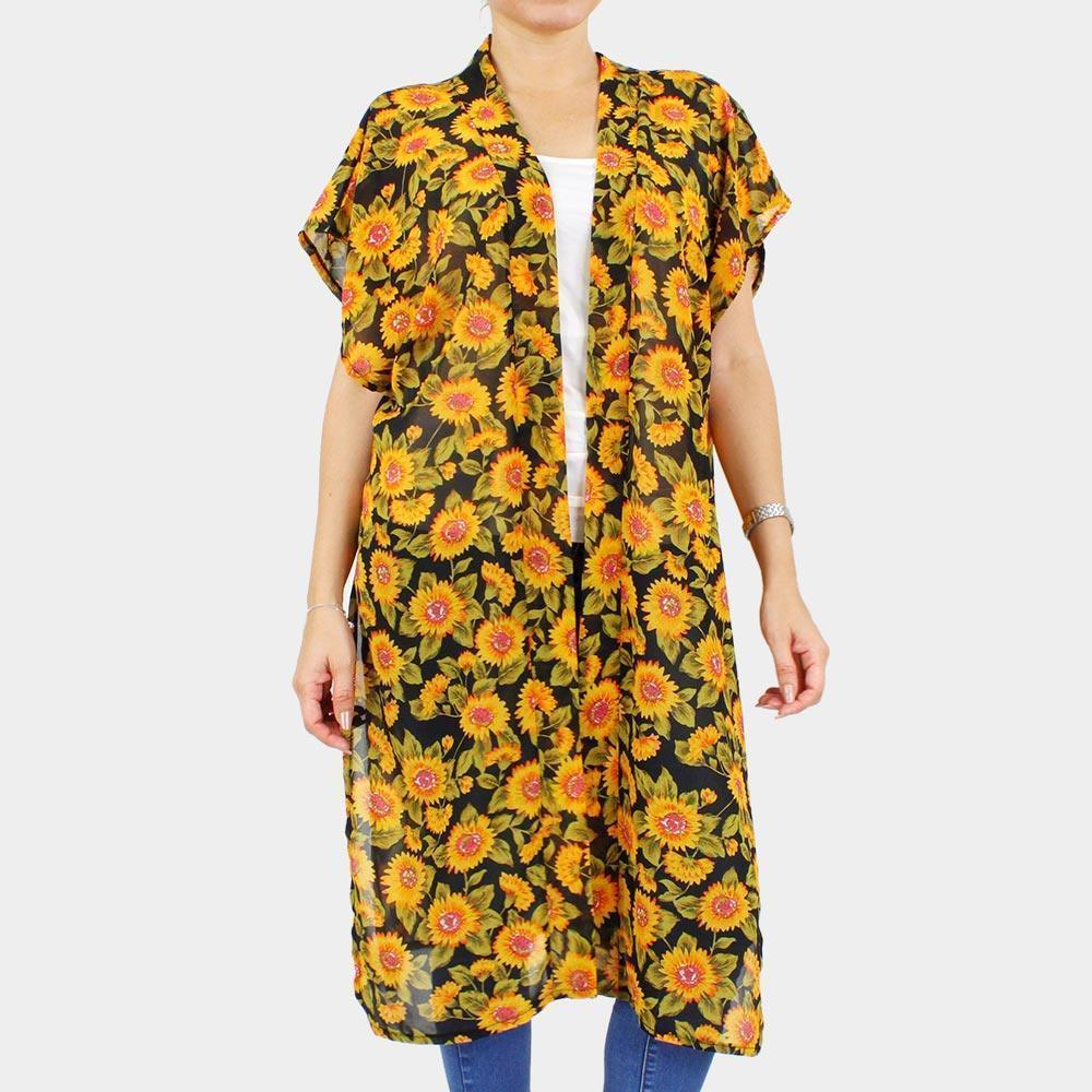 Black Sunflower Printed Cover Up Kimono Poncho - Jewelry Store by Erik Rayo