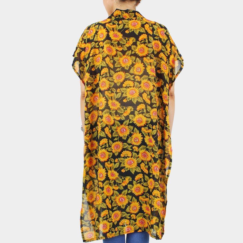 Black Sunflower Printed Cover Up Kimono Poncho - Jewelry Store by Erik Rayo