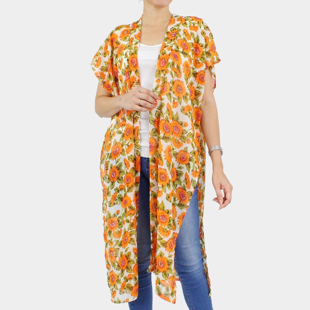 White Sunflower Printed Cover Up Kimono Poncho - Jewelry Store by Erik Rayo
