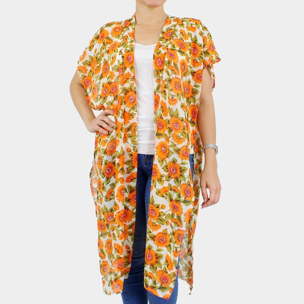White Sunflower Printed Cover Up Kimono Poncho - Jewelry Store by Erik Rayo