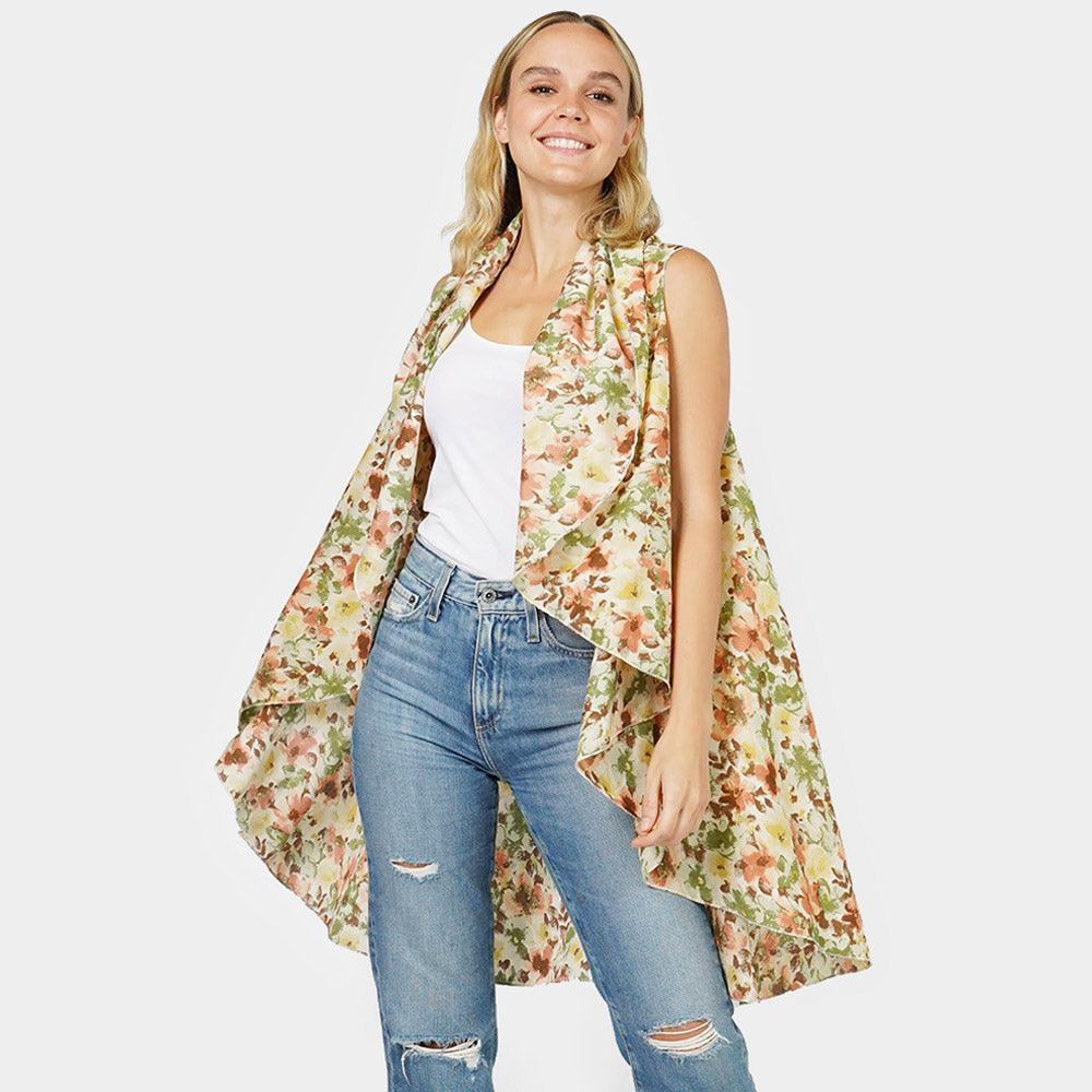 Beige Flower Printed Round Vest - Jewelry Store by Erik Rayo