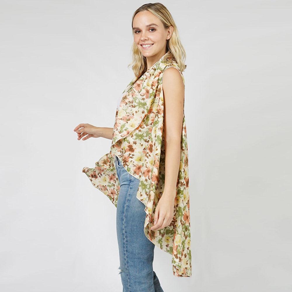 Beige Flower Printed Round Vest - Jewelry Store by Erik Rayo