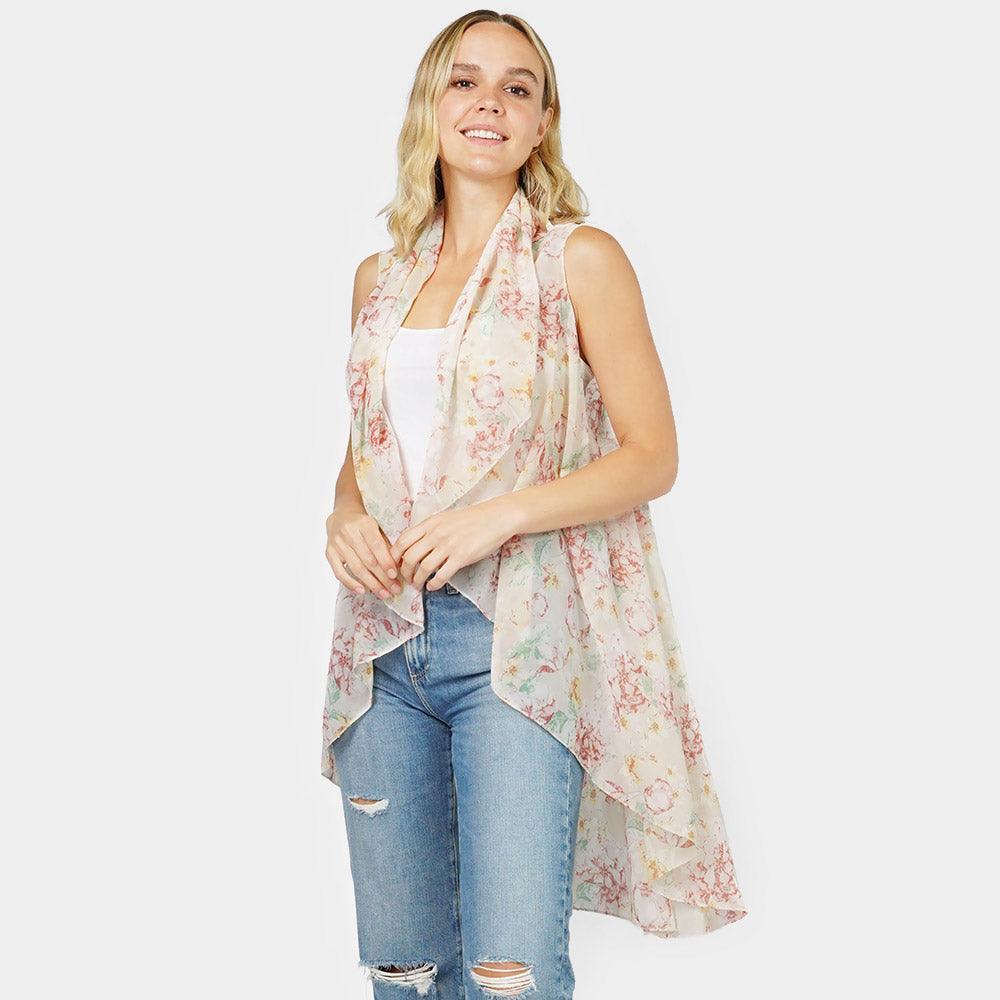 Beige Flower Printed Round Vest - Jewelry Store by Erik Rayo