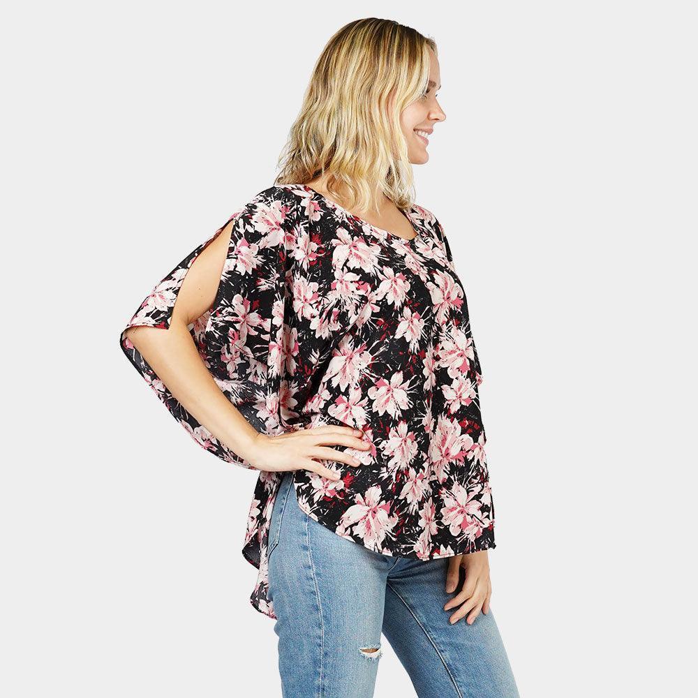 Black Flower Printed Slit Round Poncho - Jewelry Store by Erik Rayo