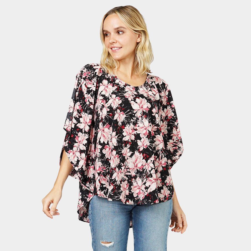 Black Flower Printed Slit Round Poncho - Jewelry Store by Erik Rayo