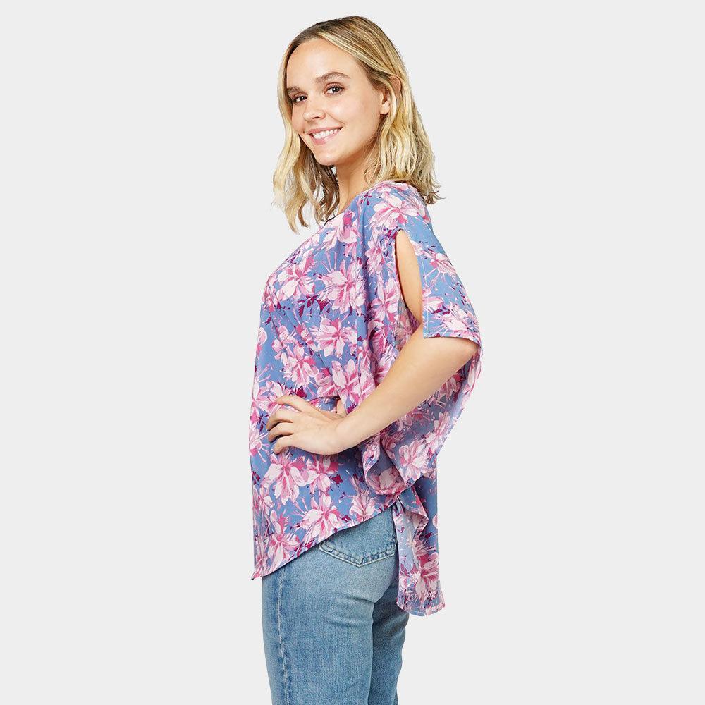 Blue Flower Printed Slit Round Poncho - Jewelry Store by Erik Rayo