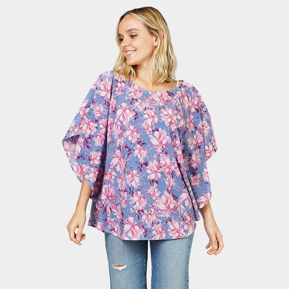 Blue Flower Printed Slit Round Poncho - Jewelry Store by Erik Rayo