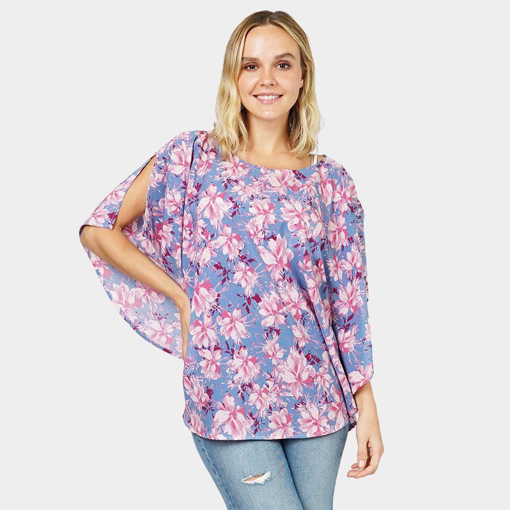 Blue Flower Printed Slit Round Poncho - Jewelry Store by Erik Rayo