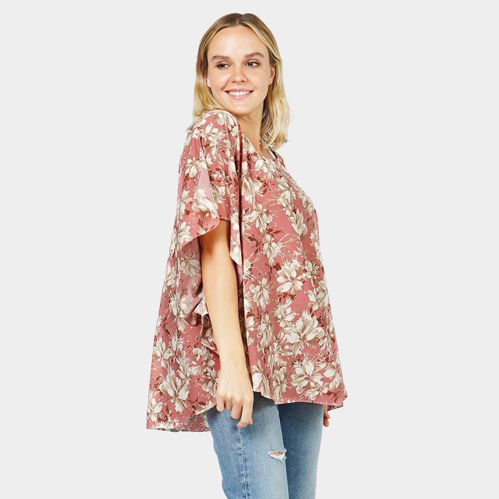 Pink Flower Printed Slit Round Poncho - Jewelry Store by Erik Rayo