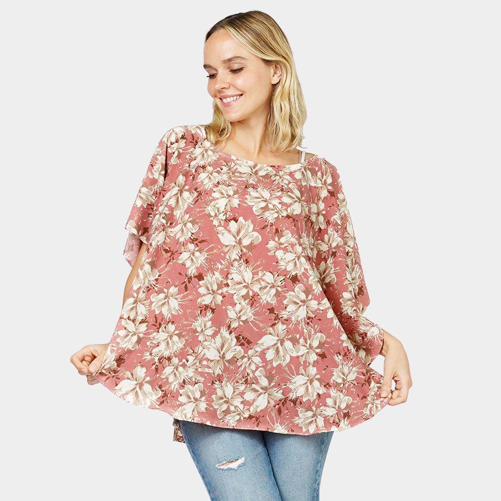 Pink Flower Printed Slit Round Poncho - Jewelry Store by Erik Rayo