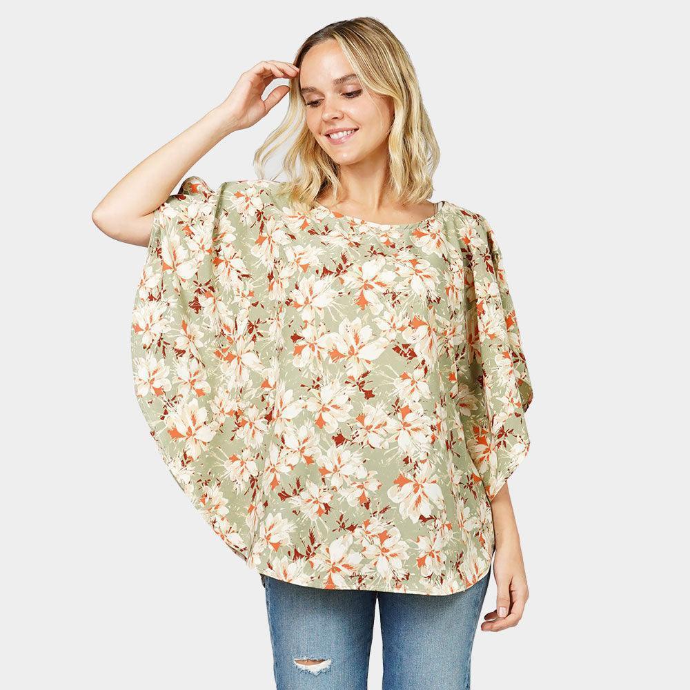 Green Flower Printed Slit Round Poncho - Jewelry Store by Erik Rayo
