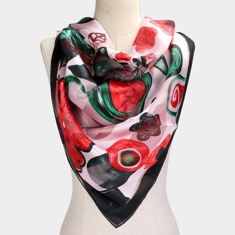 Black Silk Feel Striped Flower Garden Print Square Scarf