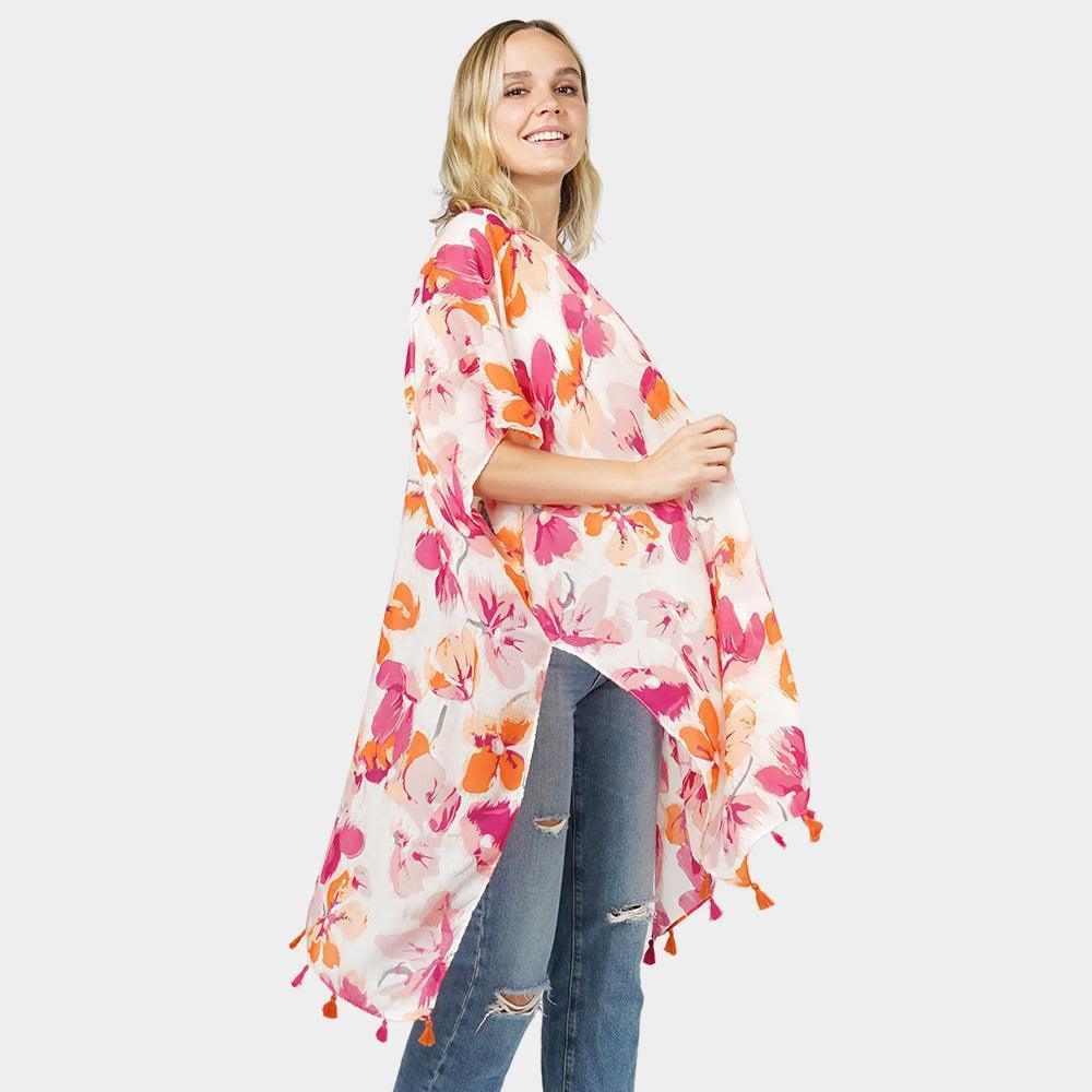 Coral Flower Printed Cover Up Kimono Poncho - Jewelry Store by Erik Rayo
