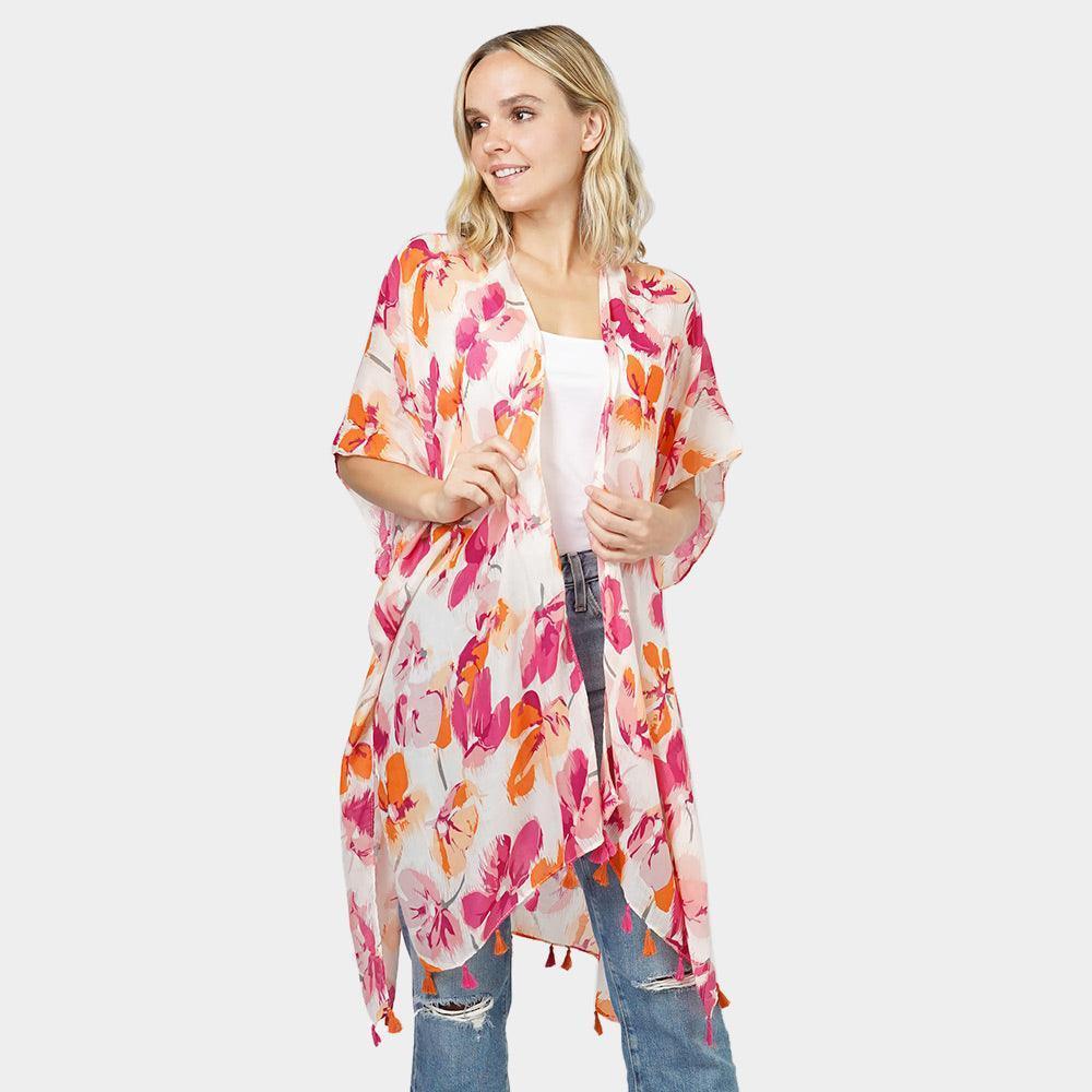 Coral Flower Printed Cover Up Kimono Poncho - Jewelry Store by Erik Rayo