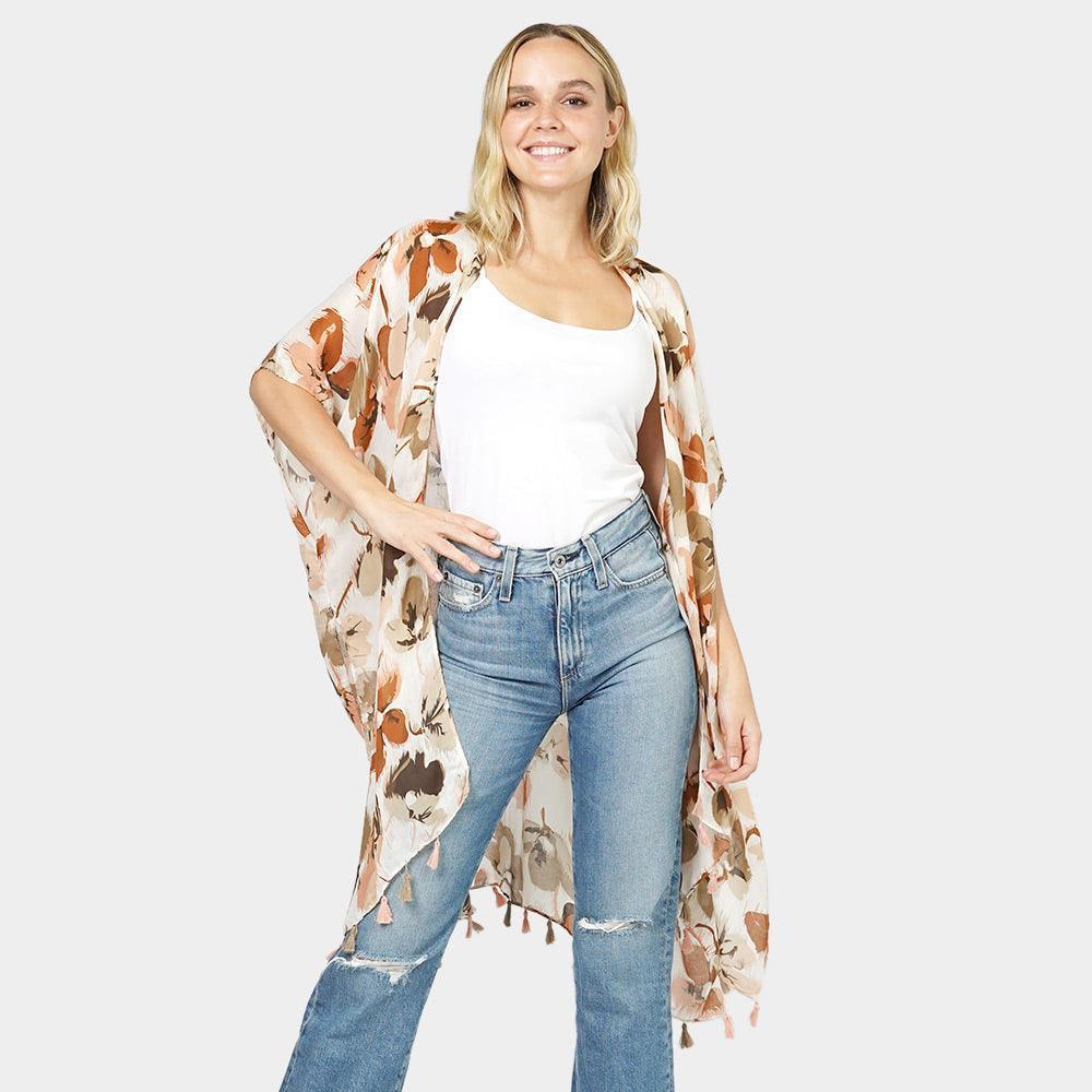 Taupe Flower Printed Cover Up Kimono Poncho - Jewelry Store by Erik Rayo