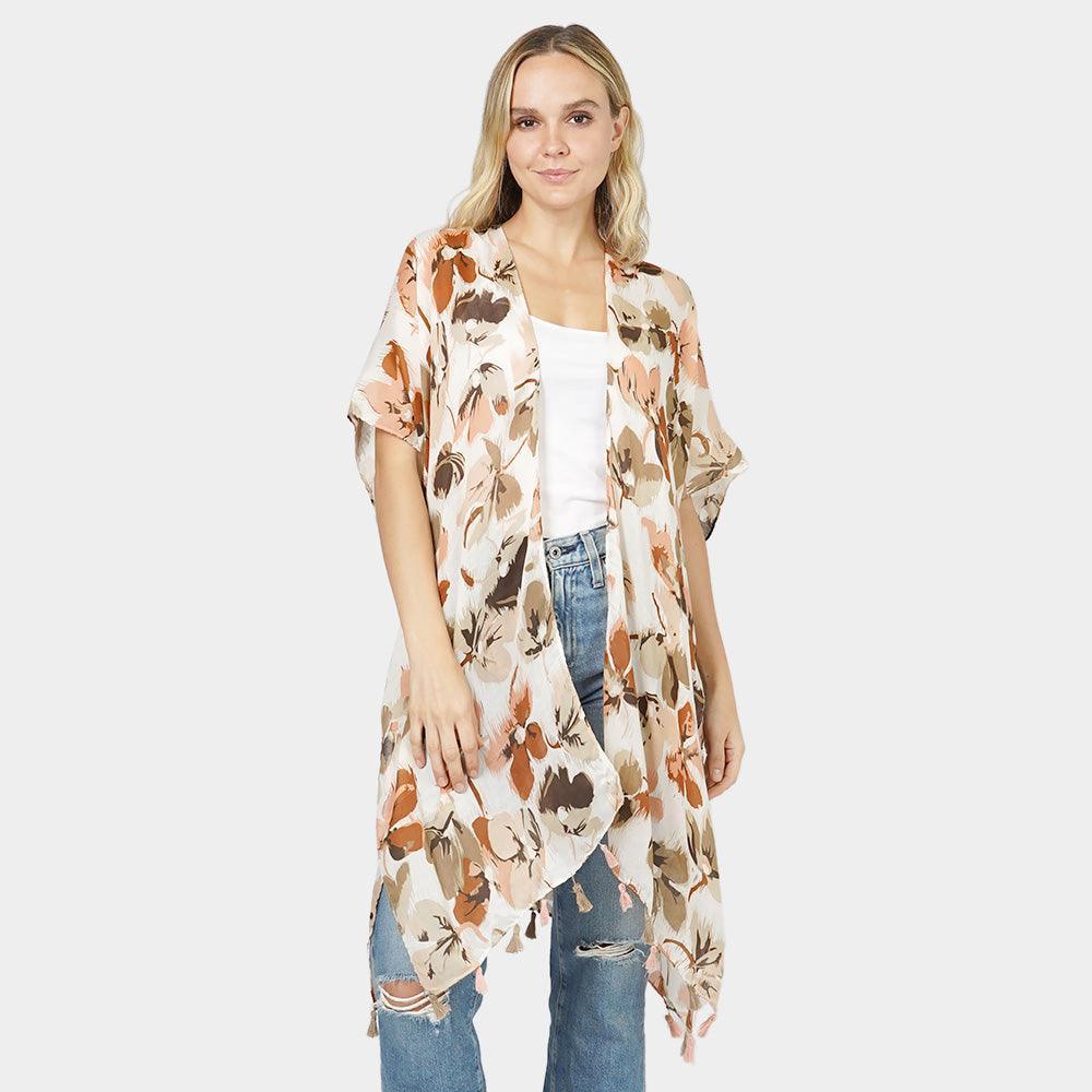 Taupe Flower Printed Cover Up Kimono Poncho - Jewelry Store by Erik Rayo