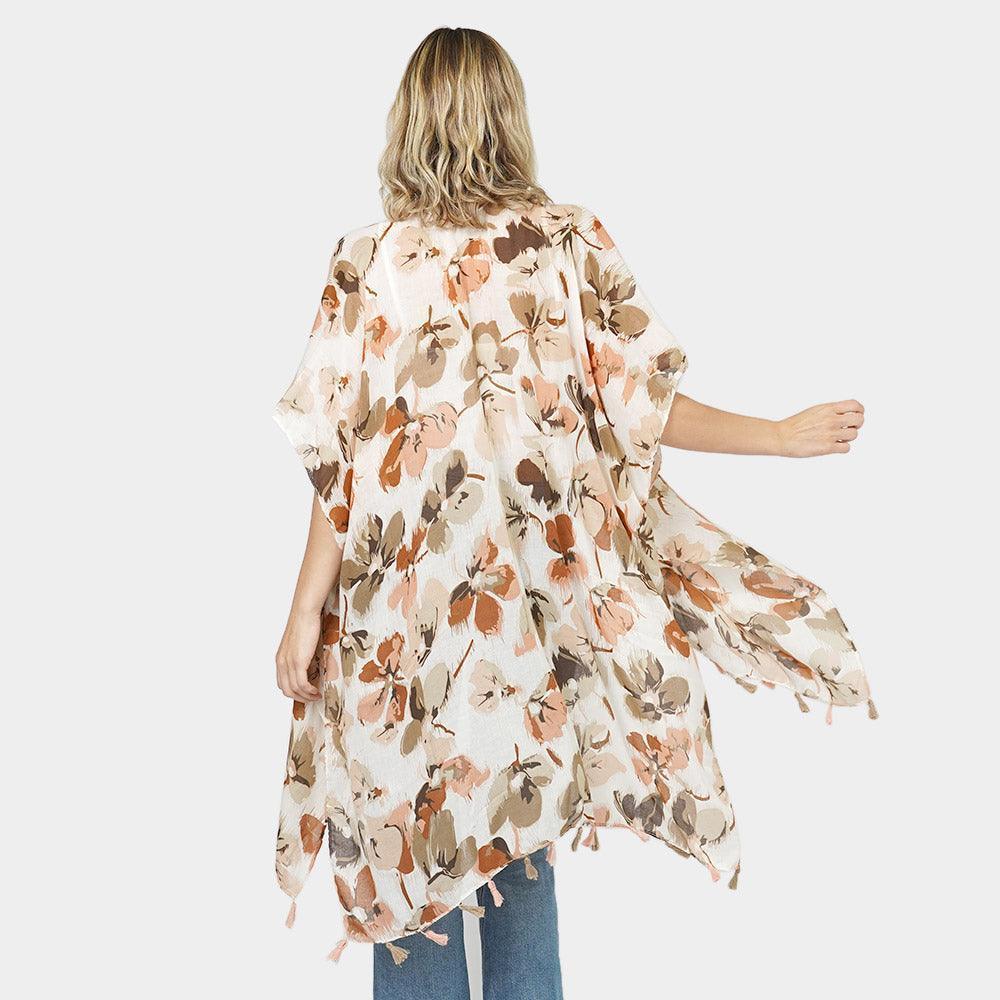 Taupe Flower Printed Cover Up Kimono Poncho - Jewelry Store by Erik Rayo