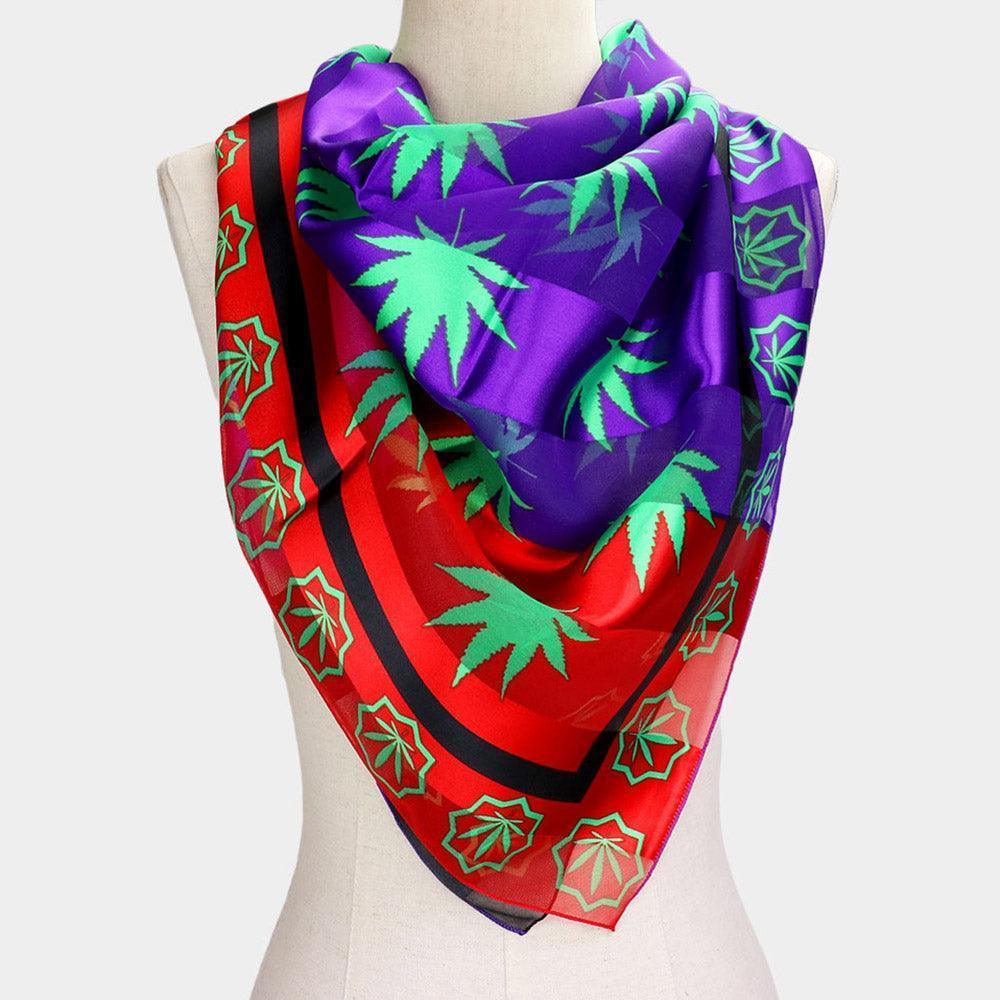 Red Silk Feel Striped Hemp Leaves Print Square Scarf - Jewelry Store by Erik Rayo