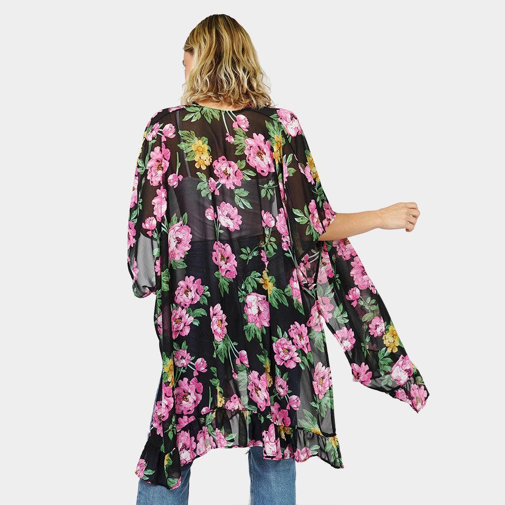 Black Flower Printed Cover Up Kimono Poncho - Jewelry Store by Erik Rayo