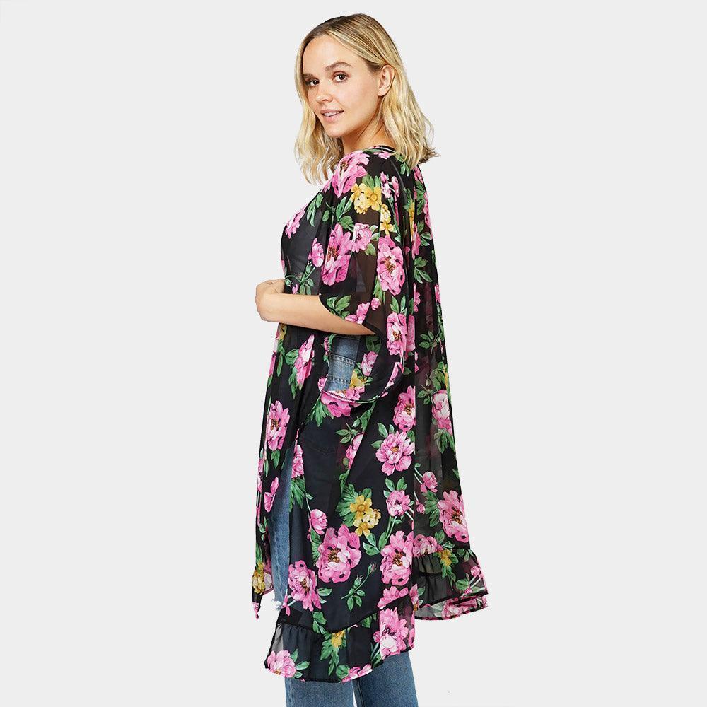 Black Flower Printed Cover Up Kimono Poncho - Jewelry Store by Erik Rayo