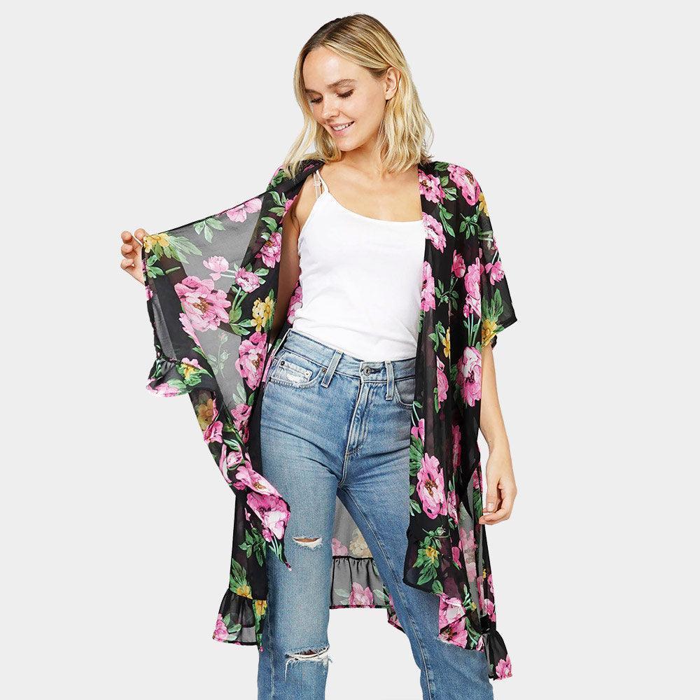 Black Flower Printed Cover Up Kimono Poncho - Jewelry Store by Erik Rayo