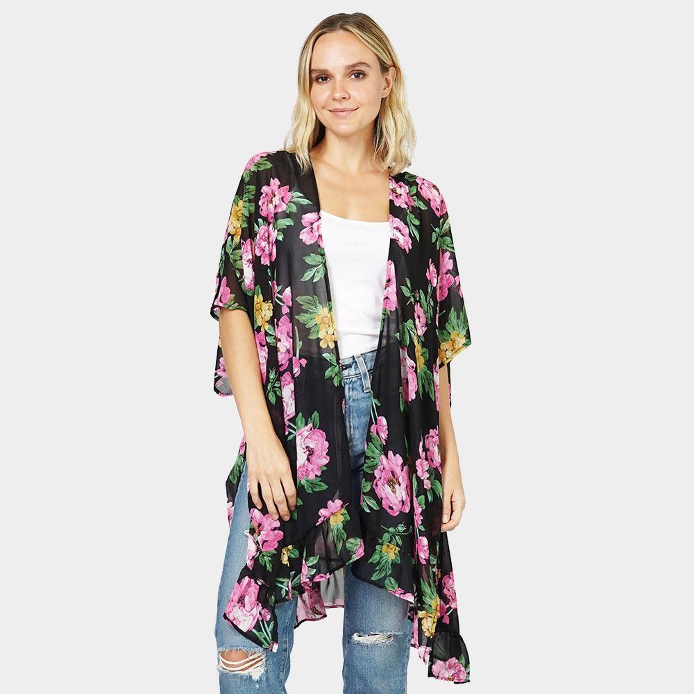 Black Flower Printed Cover Up Kimono Poncho - Jewelry Store by Erik Rayo
