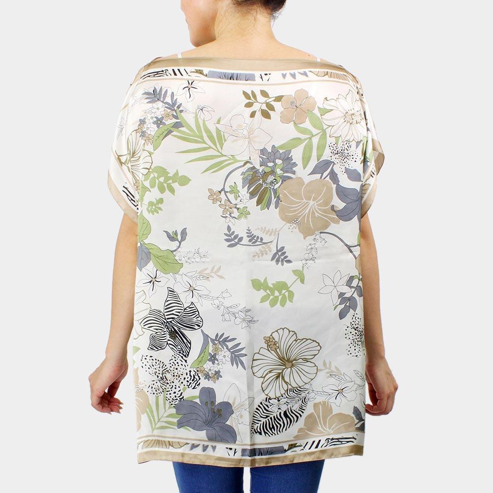 Beige Flower Printed Satin Poncho - Jewelry Store by Erik Rayo